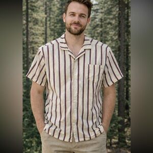 Bather Fine Stripe Camp Short Sleeve Shirt White/Red/Blue Size XL